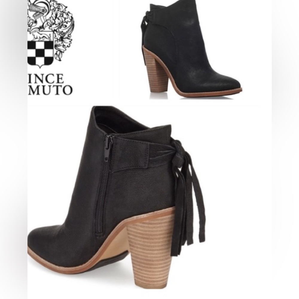 Vince Camuto “Linford” Black Leather Boots  With Back Fringe Tassel